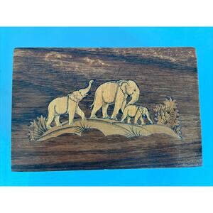 Trinket Box Handmade Wood Elephant Trunk Up Jewelry Flip Lid Holder Etched